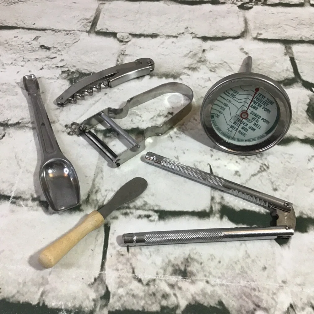 Kitchen Tools Lot Vintage Retro Meat Thermometer‎ Nut Cracker Corkscrew Scoop